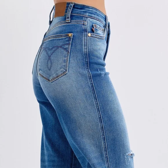 Judy Blue High-Rise Torn Boyfriend Jeans Ultra Wide Leg Cuff Raw Hem Denim Pants - Picture 10 of 16